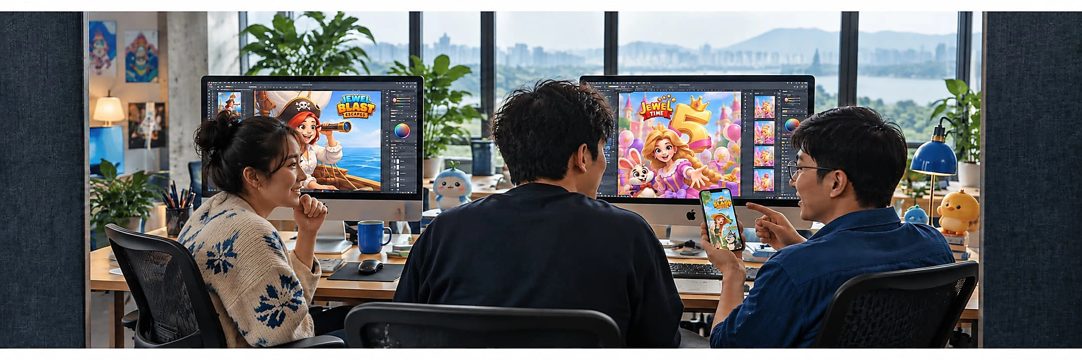 Game developers collaborating in a bright studio